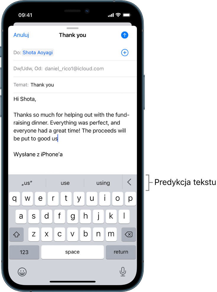 Wiadomość email redagowana w aplikacji Mail. Widoczne są sugestie następnego wyrazu.