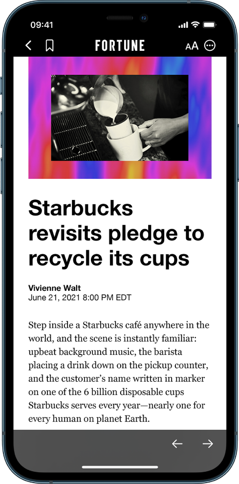 Artykuł z Apple News. W lewym górnym rogu ekranu wyświetlany jest przycisk powrotu do aplikacji Giełda oraz przycisk zakładki. W prawym górnym rogu znajdują się przyciski wielkości tekstu oraz dodatkowych czynności. W prawym dolnym rogu wyświetlane są przyciski przechodzenia do poprzedniej i następnej publikacji.