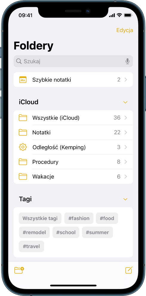 Lista folderów; na górze znajduje się pole wyszukiwania, a na dole przeglądarka tagów.