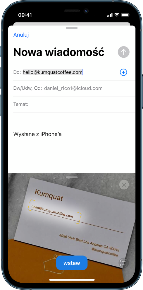 W dolnej części ekranu znajduje się zdjęcie wizytówki z zaznaczonym adresem email. W górnej części ekranu znajduje się robocza wiadomość email z adresem email ze zdjęcia wprowadzonym jako adres odbiorcy.