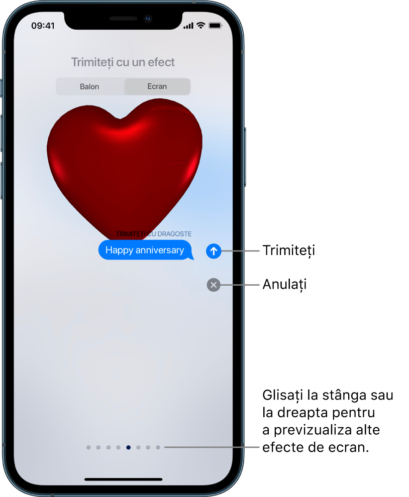 Previzualizarea unui mesaj, afișând efectul de ecran complet cu o inimă roșie.
