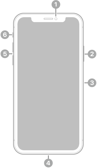 Vedere din față a unui iPhone XS. Camera frontală se află în mijlocul părții de sus. În partea dreaptă, de sus în jos, se află butonul lateral și compartimentul SIM. Conectorul Lightning se află în partea de jos. În partea stângă, de sus în jos, se află butoanele de volum și comutatorul Sonerie/Silențios.