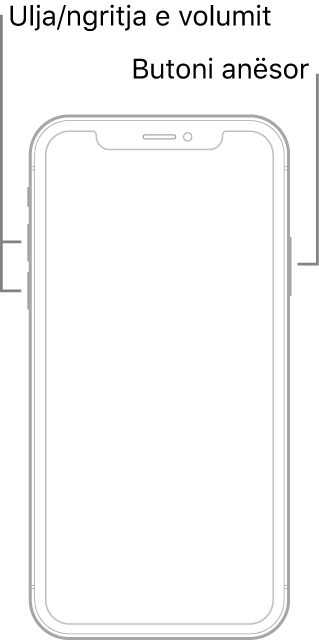 Një ilustrim i një modeli iPhone me ekranin përballë pa butonin Home. Butonat e volumit lart dhe volumit poshtë shfaqen në anën e majtë të pajisjes dhe një buton anësor shfaqet në anën e djathtë.