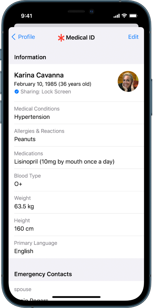Екран функције Medical ID који садржи информације које укључују датум рођења, медицинска стања, лекове и контакт за хитне случајеве.