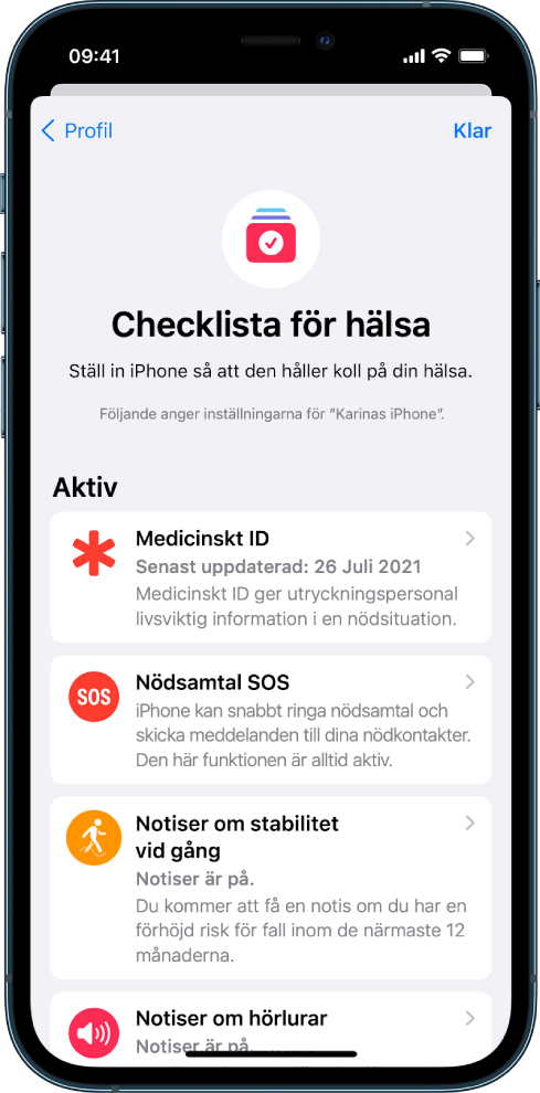 Skärmen Checklista för hälsa som visar att Medicinskt ID och Nödsamtal SOS är aktiverat.