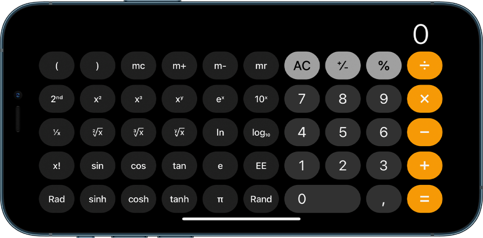 Üstel, logaritmik ve trigonometrik fonksiyonlarla bilimsel hesap makinesini gösteren yatay yönde iPhone.