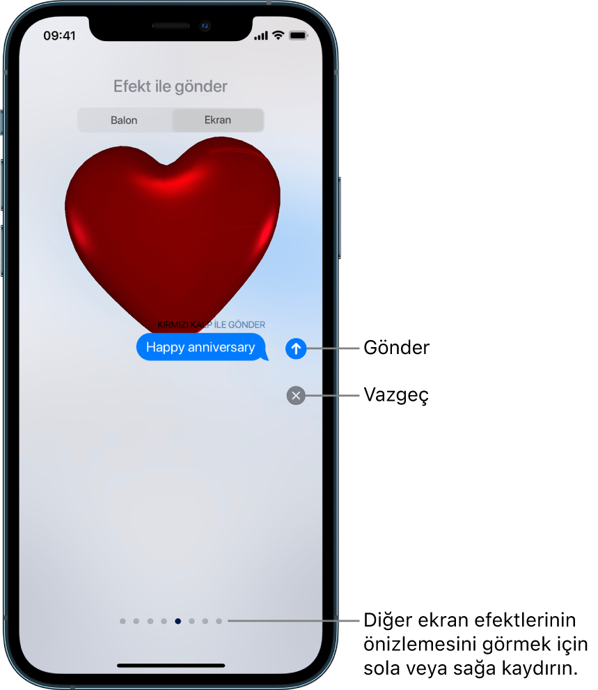 Kırmızı bir kalple tam ekran efektinin gösterildiği bir mesaj önizlemesi.
