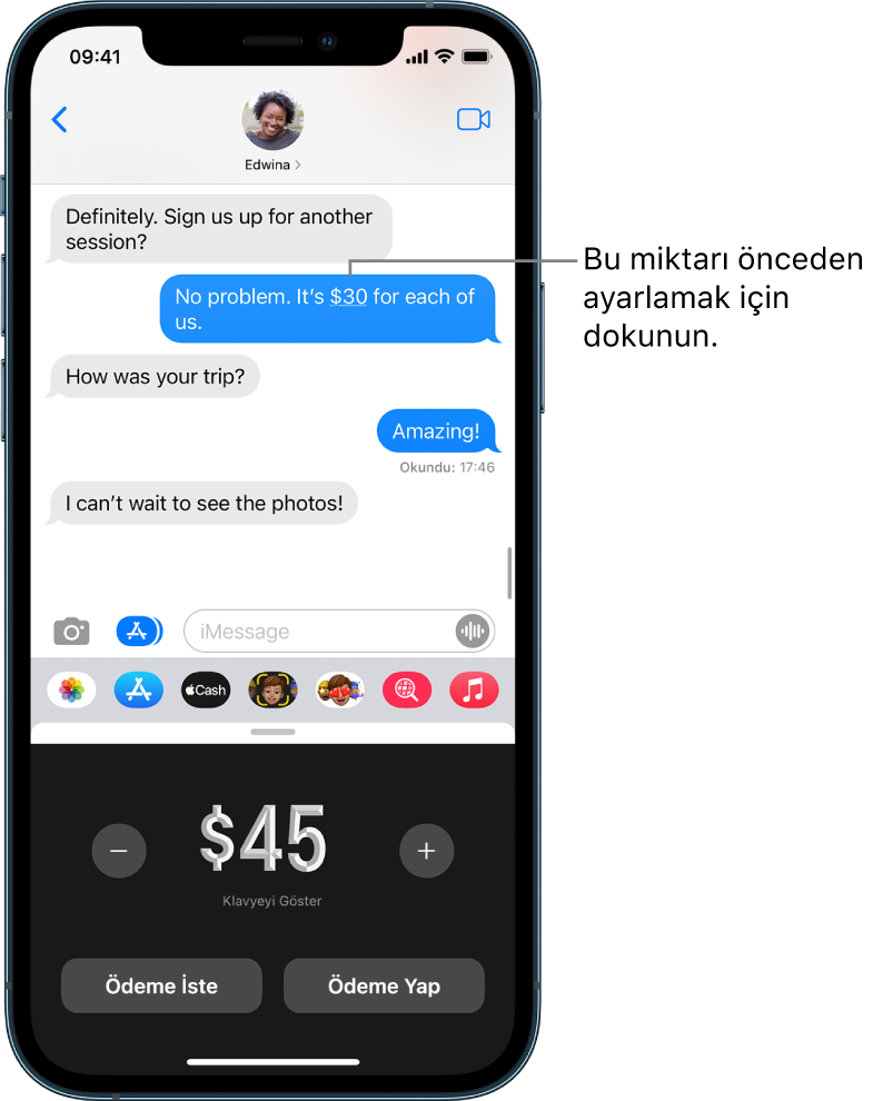 Alt kısımda Apple Pay uygulamasının açık olduğu bir Mesajlar yazışması.