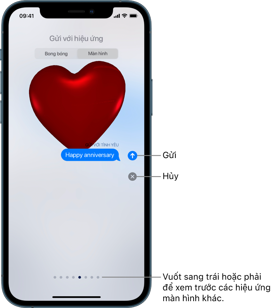 Bản xem trước tin nhắn đang hiển thị hiệu ứng toàn màn hình với những trái tim màu đỏ.