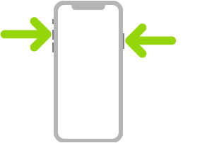 iPhone 插圖,帶有指向右上方側邊按鈕和左上方調高音量按鈕的箭頭。