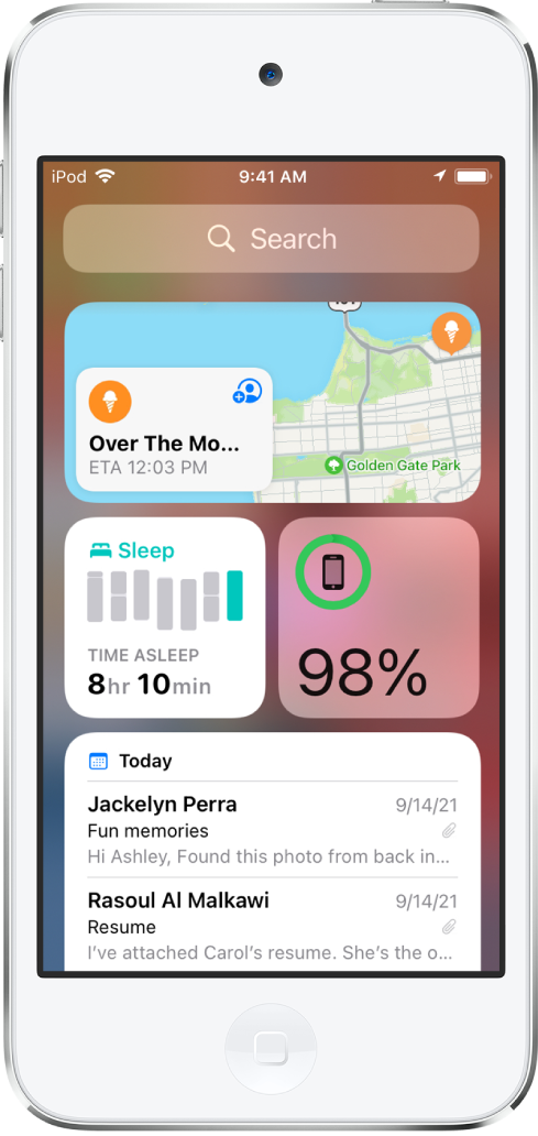 O widget Mapas e outros widgets num ecrã do iPod touch.