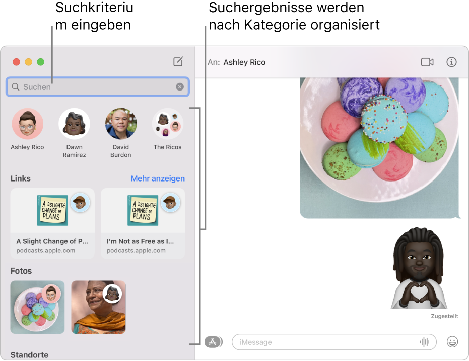Das Fenster der App „Nachrichten“ mit dem Suchfeld oben links, in das Suchkriterien eingegeben wurden. Darunter sind die Suchergebnisse nach Kategorien wie „Konversationen“, „Links“ und „Fotos“ sortiert.