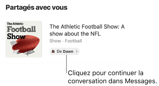 Un podcast partagé avec vous dans Podcasts. Cliquez sur l’étiquette De pour continuer la conversation (envoyer une réponse) dans Messages.