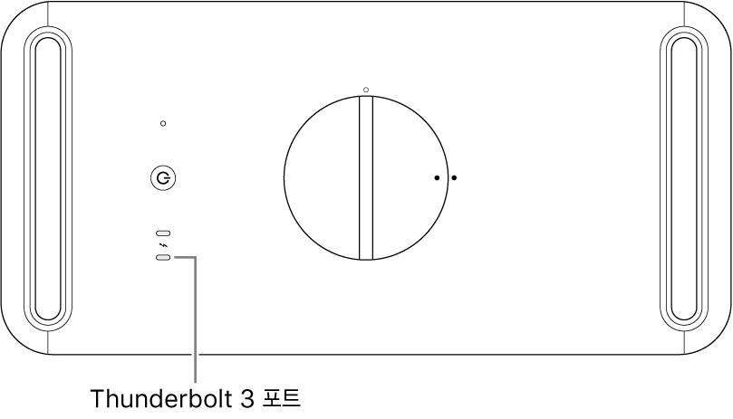 사용해야 할 올바른 Thunderbolt 3 포트가 표시된 Mac Pro의 상단.