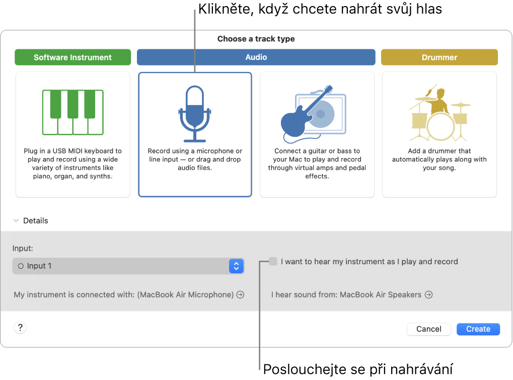 Panel nástrojů GarageBandu s popisky ukazujícími, kam je třeba kliknout, chcete‑li nahrávat hlas nebo zapnout odposlech při nahrávání