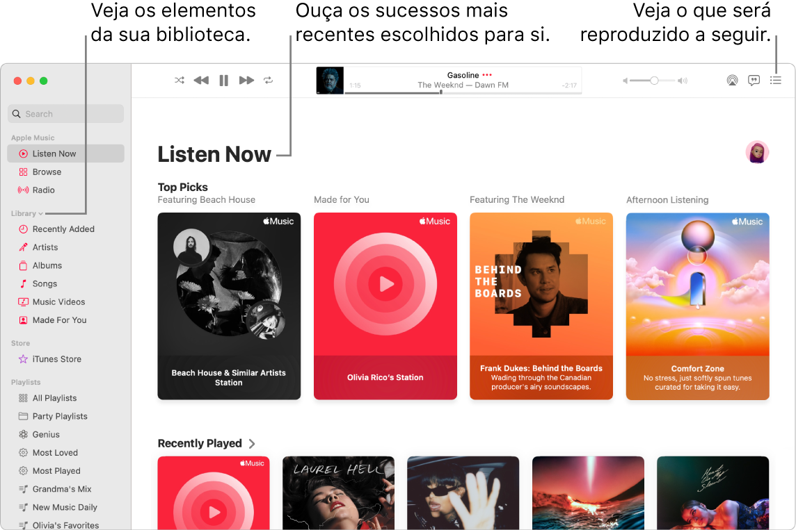 Uma janela da aplicação Música mostra como ver a biblioteca, ouvir Apple Music e ver o que será reproduzido de seguida.