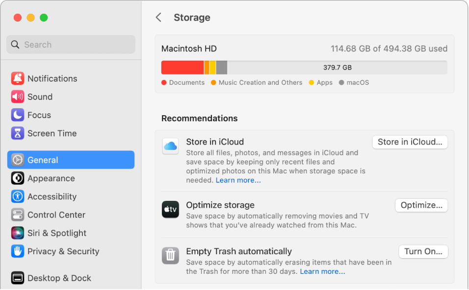 Рекомендуемые настройки хранилища: «Хранение в iCloud», «Оптимизация хранилища» и «Очищать Корзину автоматически».