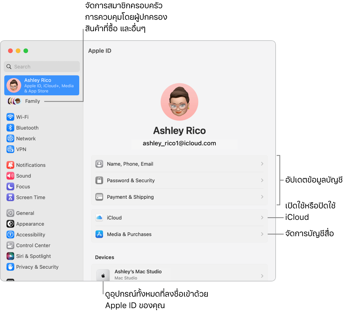การตั้งค่า Apple ID ในการตั้งค่าระบบที่มีตัวชี้บรรยายเพื่ออัปเดตข้อมูลบัญชี, เปิดใช้หรือปิดใช้คุณสมบัติ iCloud, จัดการบัญชีสื่อ และครอบครัว ซึ่งคุณสามารถจัดการสมาชิกครอบครัว การควบคุมโดยผู้ปกครอง การซื้อสินค้า และอื่นๆ..