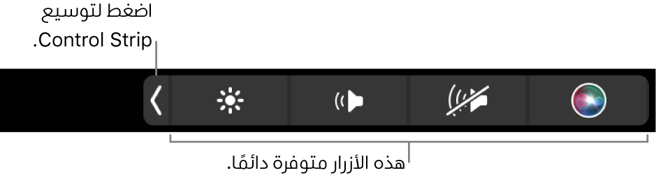 جزء من الشاشة الافتراضية لشريط اللمس، يظهر به جزء التحكم المطوي وبه أزرار تكون متاحة دائمًا: السطوع ومستوى الصوت وكتم الصوت. اضغط على زر التوسيع لعرض الـ Control Strip بالكامل.