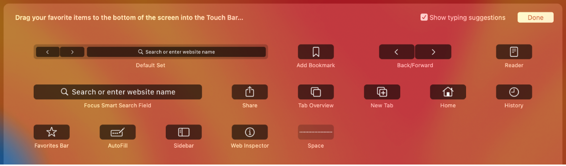 خيارات تخصيص Safari التي يمكن سحبها إلى Touch Bar.