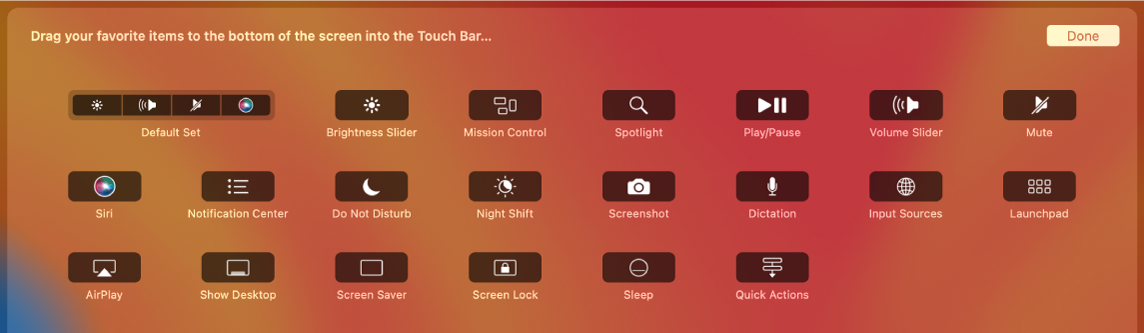 عناصر التحكم التي يمكنك تخصيصها على Control Strip عن طريق سحبها إلى الـ Touch Bar.