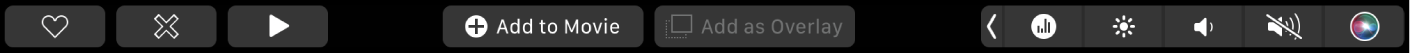 Touch Bar v iMovie s tlačítky pro přehrání, vložení do filmu a přidání překryvu