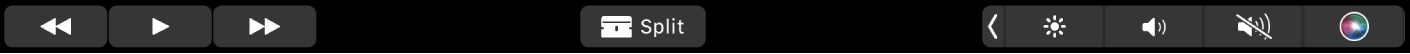 Το Touch Bar του iMovie κατά την αναπαραγωγή ενός κλιπ. Υπάρχουν κουμπιά για επαναφορά, αναπαραγωγή, γρήγορη προώθηση, διαίρεση και ένταση ήχου.