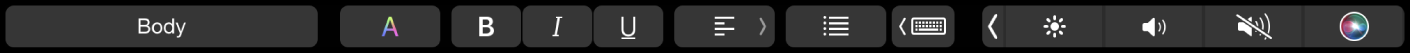 Touch Bar de Pages con los botones para cambiar el estilo de los párrafos y el color, formato y alineación del texto. También hay un botón para las sugerencias de escritura.