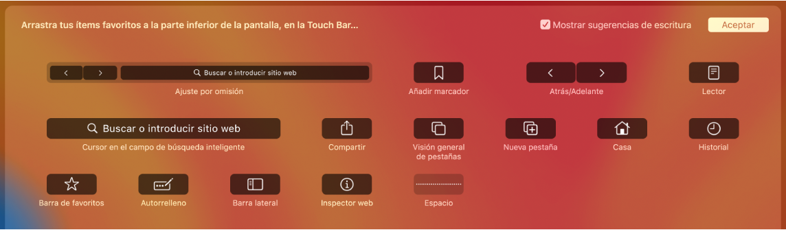 Las opciones de "Personalizar Safari" que se pueden arrastrar a la Touch Bar.