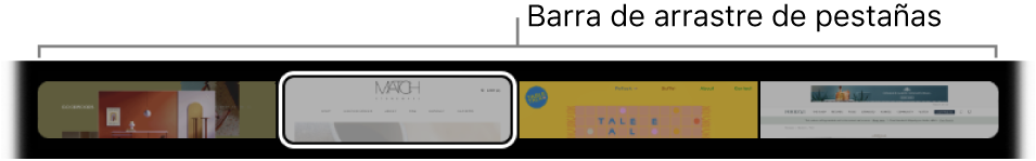La barra de arrastre de pestañas de la Touch Bar de Safari. Muestra una pequeña previsualización de cada pestaña abierta.