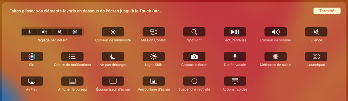 Éléments que vous pouvez personnaliser dans la Control Strip en les faisant glisser dans la Touch Bar.