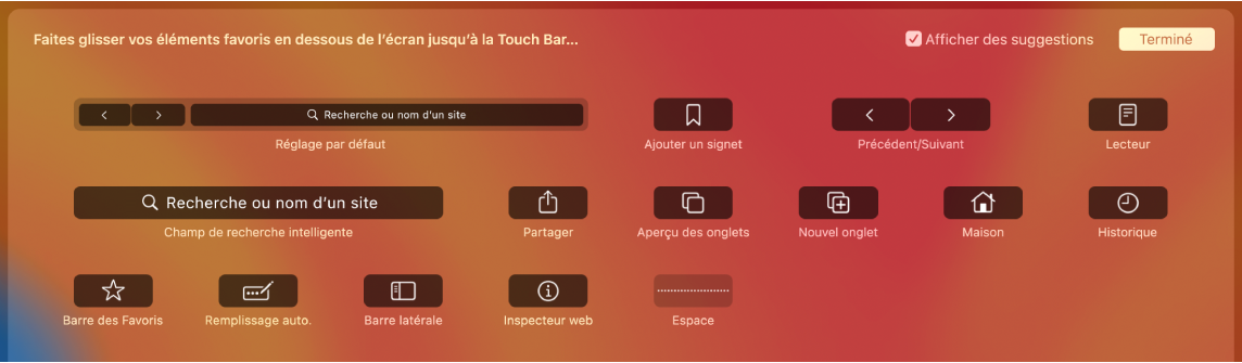 Options Personnaliser Safari pouvant être glissées dans la Touch Bar.