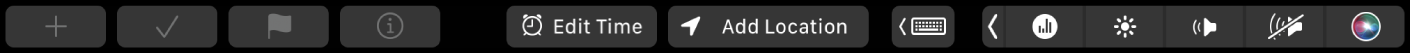 ה‑Touch Bar של ״תזכורות״ עם כפתורים לתזכורת חדשה, לסימון פריט, לסימון בדגל, להוספת מידע, לעריכת השעה ולהוספת מיקום.
