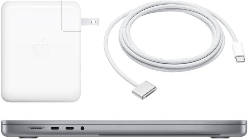 מבט מהצד של MacBook Pro בגודל 16 אינץ׳ עם אביזרים נלווים.