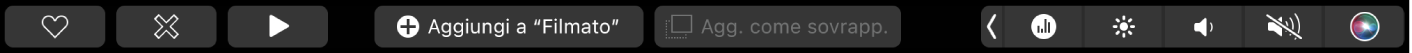 La Touch Bar di iMovie con i pulsanti per avviare la riproduzione, aggiungere un videoclip al filmato o per aggiungerlo come sovrapposizione.
