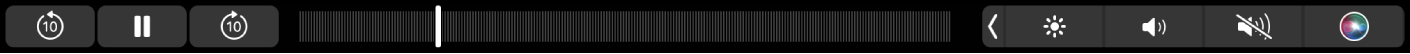 Rodomi programai TV pritaikytos „Touch Bar“ mygtukai, skirti atsukti atgal, pristabdyti arba prasukti į priekį, ir naršymo slinkimo juosta.