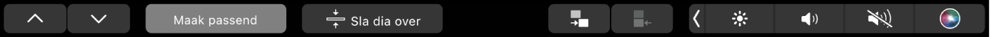 De Touch Bar voor Keynote met pijltoetsen, knoppen voor passend maken, dia overslaan, dia inspringen en dia negatief inspringen.