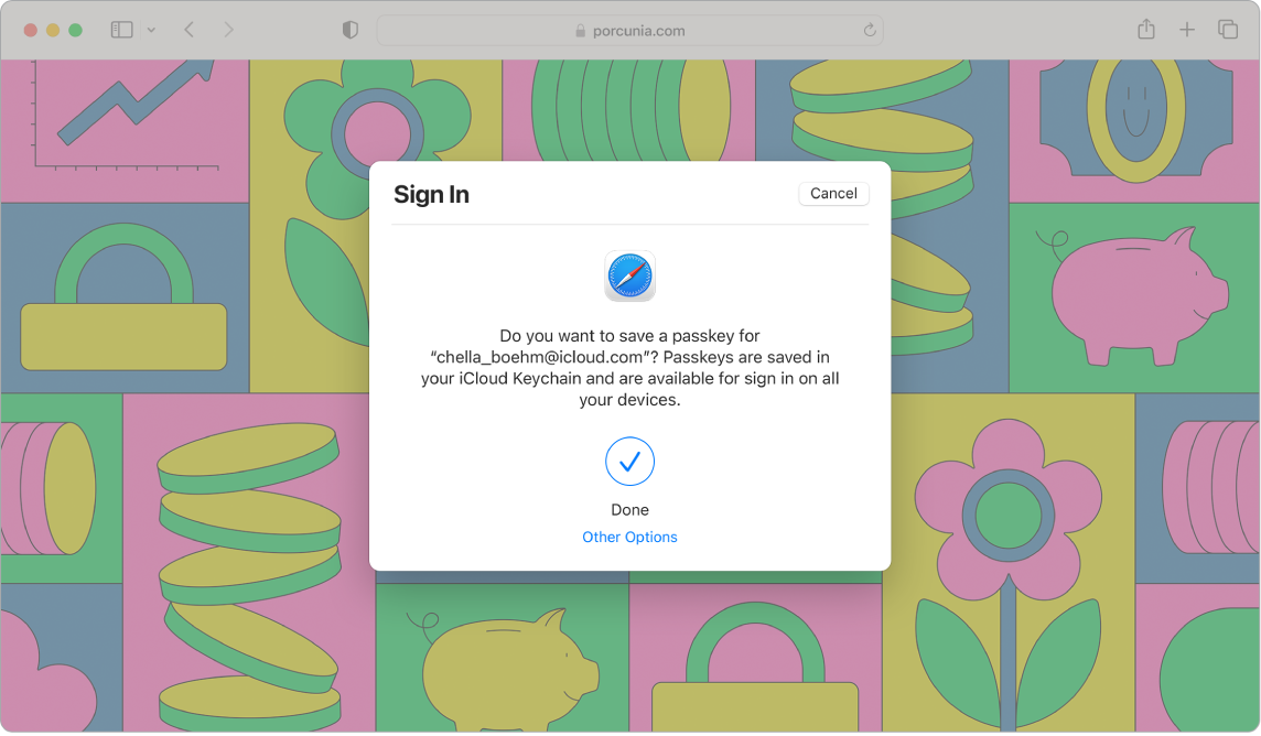 Janela do Safari mostrando uma caixa de diálogo de início de sessão perguntando se o usuário quer salvar uma chave-senha. A caixa de diálogo diz que as chaves-senha serão salvas nas Chaves do iCloud e ficarão disponíveis para iniciar sessão em todos os dispositivos. Uma marca de verificação azul indica que a chave-senha foi criada.