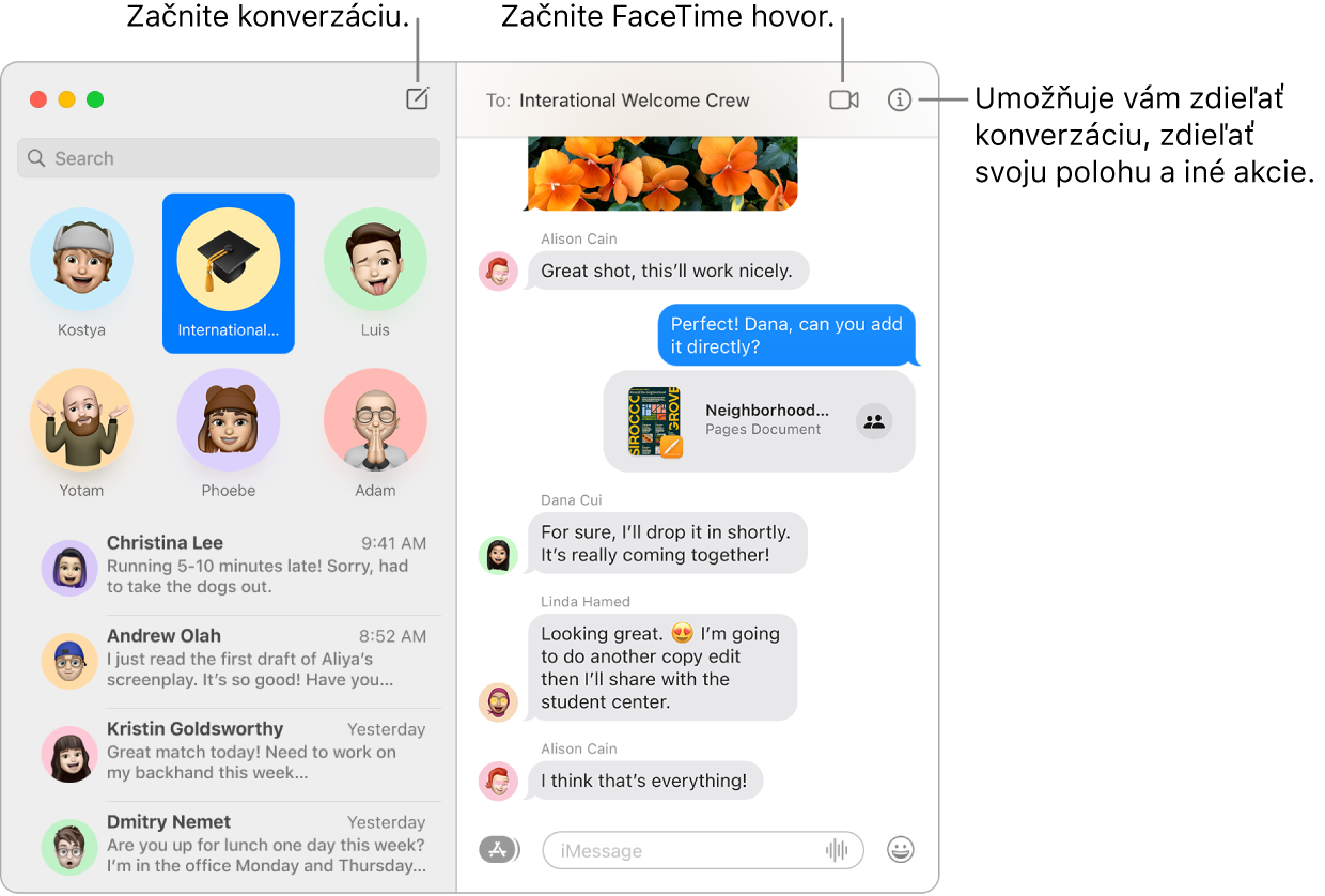 Okno aplikácie Správy zobrazujúce, ako spustiť konverzáciu a FaceTime hovor.