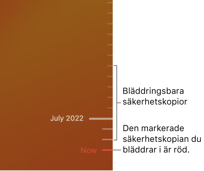 Tidslinjen för säkerhetskopiering med Time Machine.