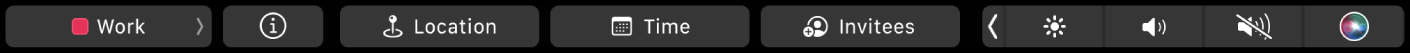 Kalenders Touch Bar med knappar för att välja kalendrar, visa information om aktiviteter, redigera tid och plats samt lägga till inbjudna.