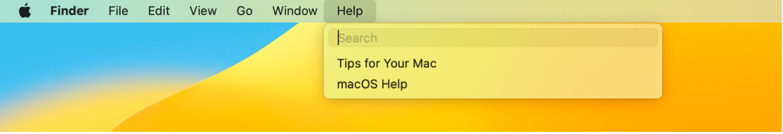 En del av skrivbordet med Hjälp-menyn öppen som visar menyalternativen Sök och macOS Hjälp.