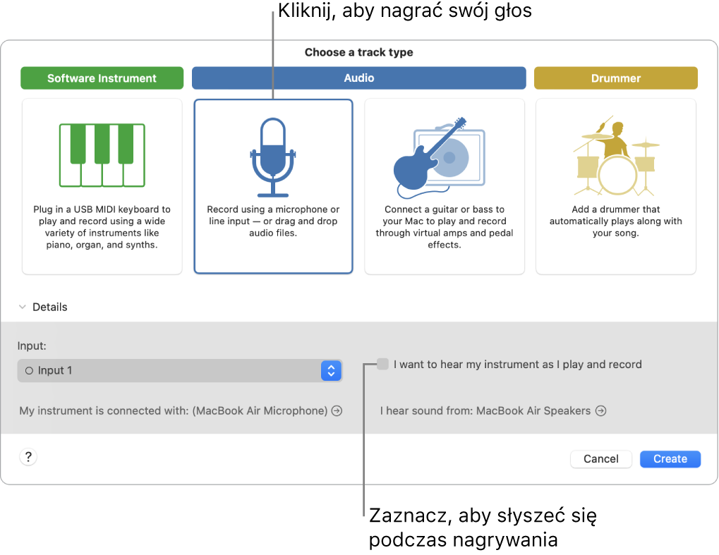 Panel instrumentów w aplikacji GarageBand z opisami opcji narywania głosu oraz opcji pozwalającej słyszeć siebie podczas nagrywania.