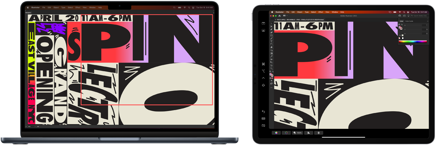 Um MacBook Air e um iPad lado a lado. O MacBook Air mostra uma arte dentro da janela de navegação do Illustrator. O iPad mostra a mesma arte na janela de documento do Illustrator, rodeada de barras de ferramentas.