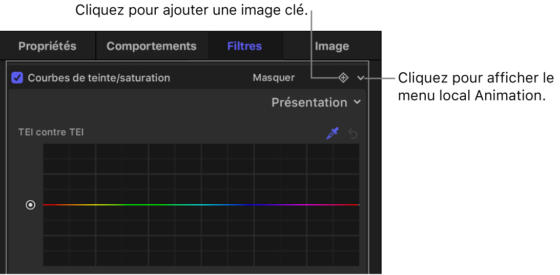 Inspecteur de filtres affichant le bouton « Ajouter une image clé » et le bouton du menu local Animation