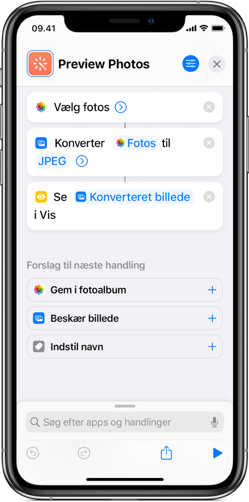 Eksempel på en “hent”-handling med en midterstreg, der viderefører outputtet til en anden handling.