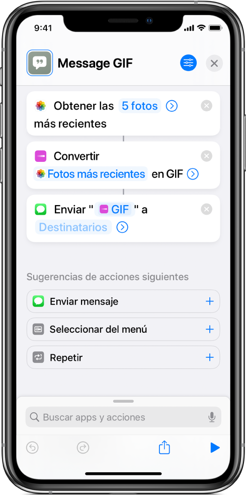 Editor de atajos que muestra la secuencia de acciones de un atajo.