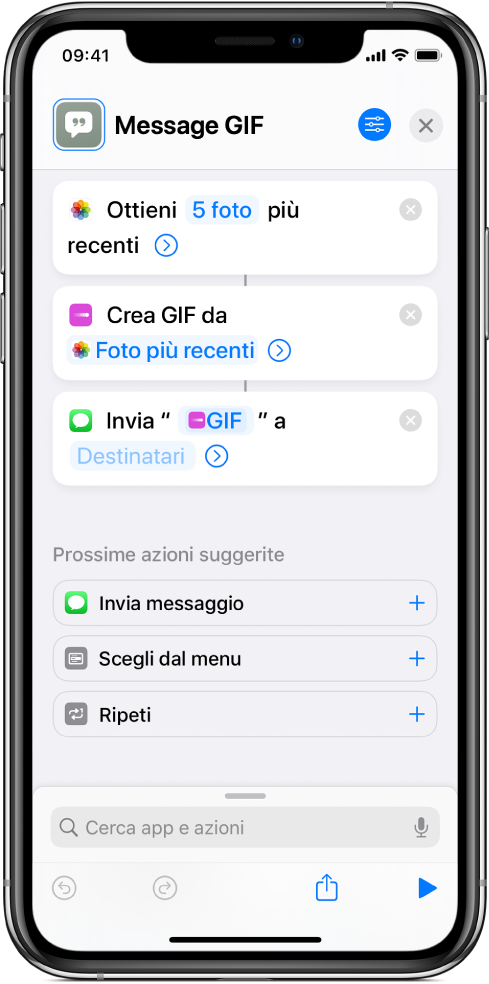 Editor di comandi rapidi che mostra la sequenza di azioni in un comando rapido.