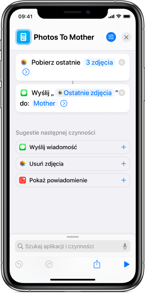 Skrót zawierający czynności Pobierz ostatnie zdjęcia i Wyślij wiadomość.