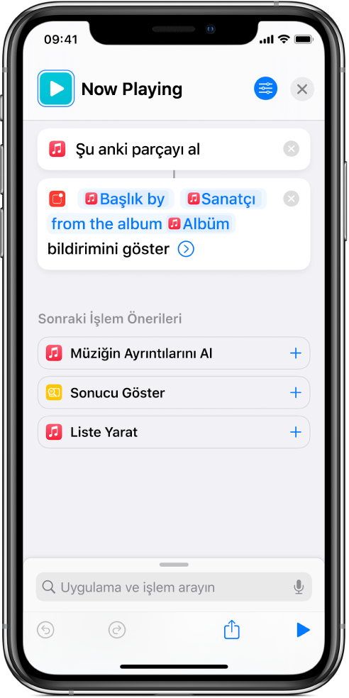 Kestirme düzenleyicide Bildirimi Göster işlemi ve Bildirimi Göster işlemi tarafından çağrılan Müzik Şu An Çalınan uyarısı.